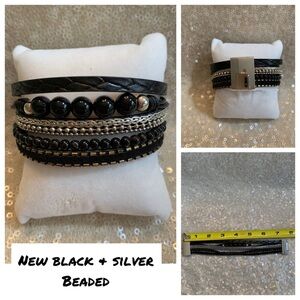 New NIB black & silver beaded wrap bracelet